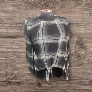 Bella Dahl Monochrome Black Gray Plaid Long Sleeve Top Knotted Size XS